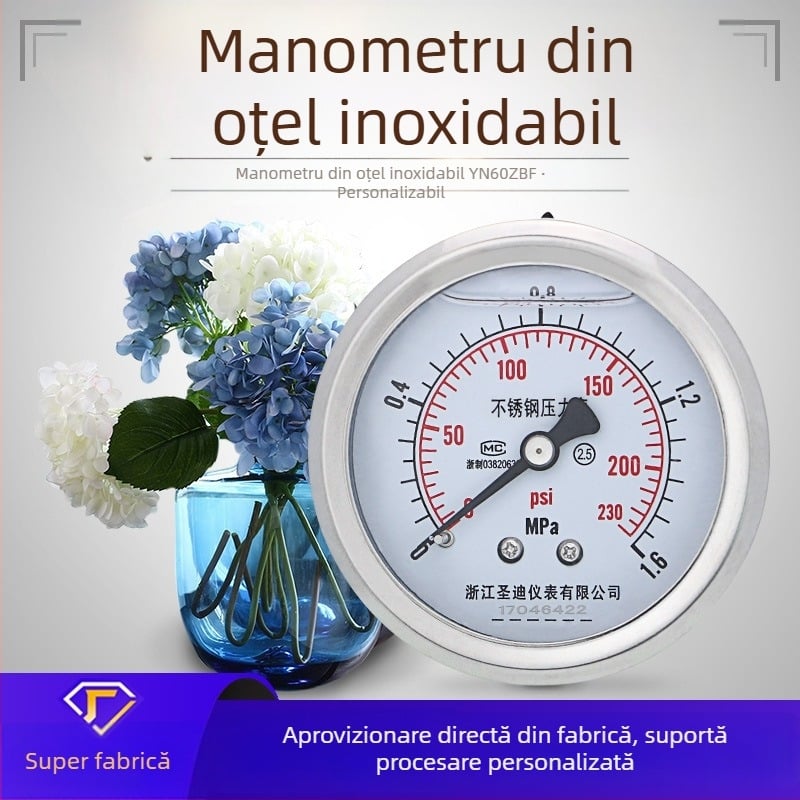 YN60ZBF manometru panou din oțel inoxidabil, ax fără margine, rezistent la șocuri – instrument hidraulic de măsură