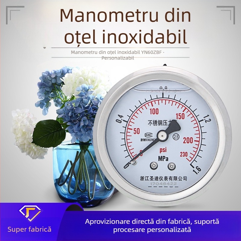 YN60ZBF manometru panou din oțel inoxidabil, ax fără margine, rezistent la șocuri – instrument hidraulic de măsură