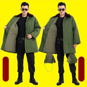 Palton militar din bumbac, verde militar, lungime până la șolduri, căptușit gros