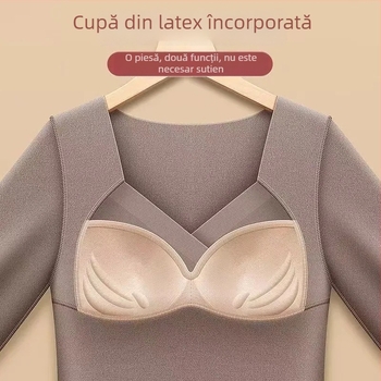 Derong lenjerie termică caldă cu pernă pentru bust, bază de un singur tip pentru iarnă, top cu mânecă lungă, decolteu în V, pentru femei