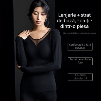 Îmbrăcăminte termică cu grafen încălzit pentru femei, căptușită cu fleece și gros, Model 8856, cupe integrate pentru sâni, strat de bază integrat, mâneci lungi