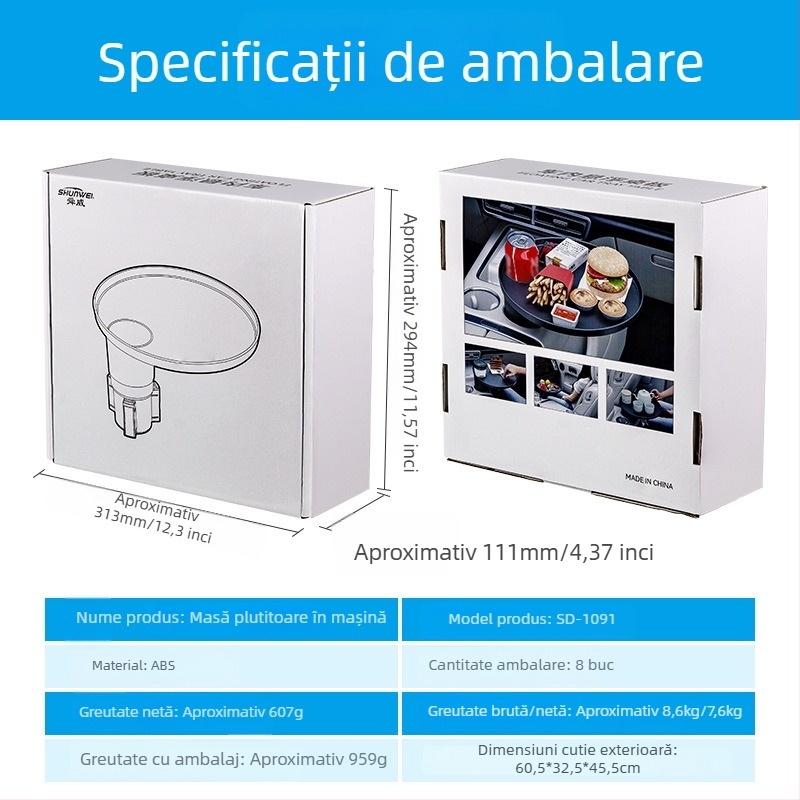 Masă mică rotundă pentru mașină cu suport pentru pahar, potrivită pentru Tesla și alte vehicule