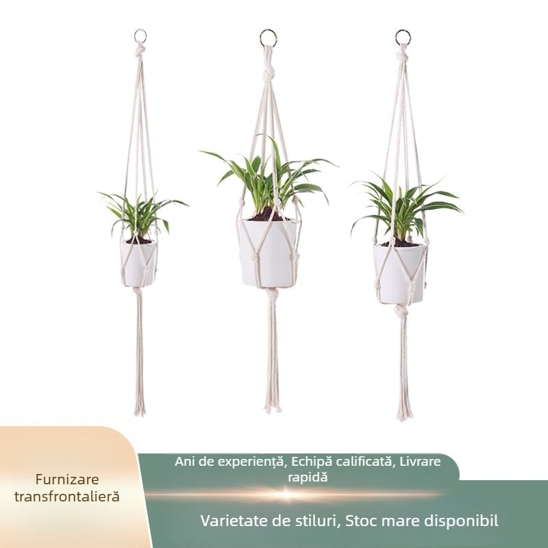 Sac de ghiveci țesut manual din sfoară de bumbac, pentru plante atârnate — suport decorativ pentru plante