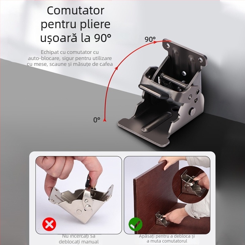 Șarnier gros, reglabil, cu blocare automată, pliere 90°/180°, pentru picioarele mesei de cafea și ale scaunului, conectare mobilier