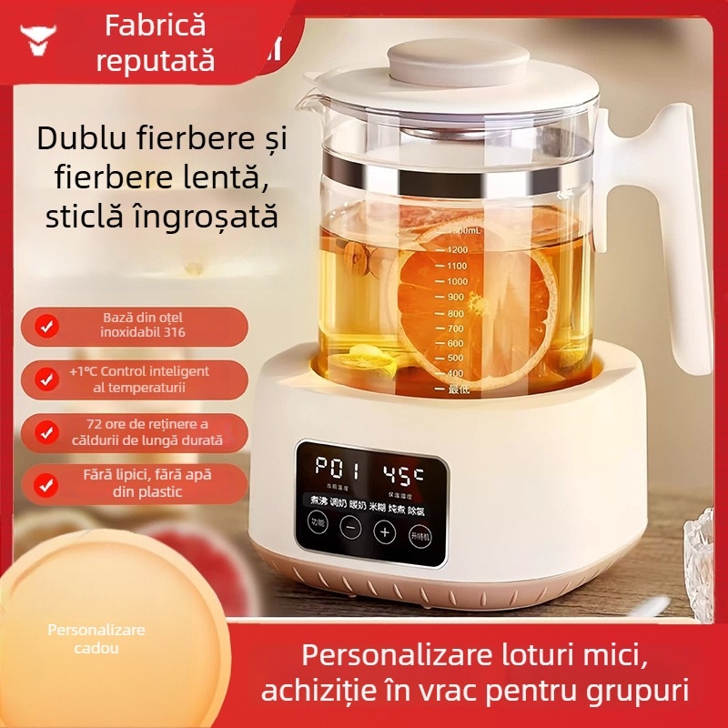 Ceainic electric cu temperatură constantă pentru încălzirea laptelui de bebeluș, corp din sticlă, capacitate 1,3 L