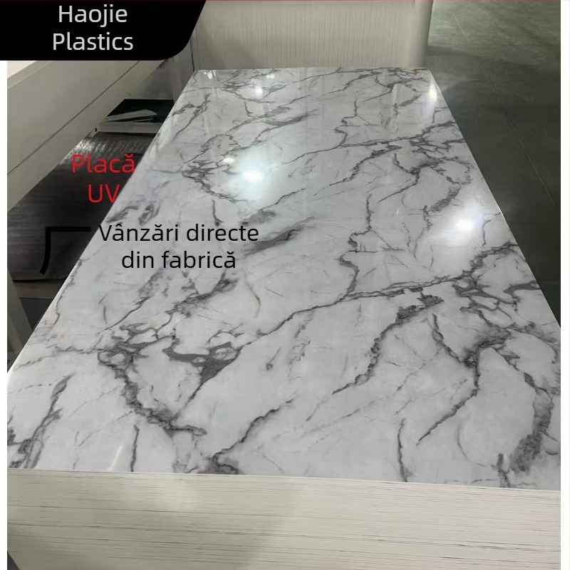 Panou UV cu aspect marmură și decor auriu, panou de perete din PVC cu aspect pietre, luciu înalt