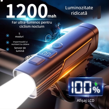 Set de lumini pentru bicicletă: far frontal și lumină spate, impermeabil, USB-C, baterie de 1200mAh, montare cu eliberare rapidă, pentru plimbări nocturne
