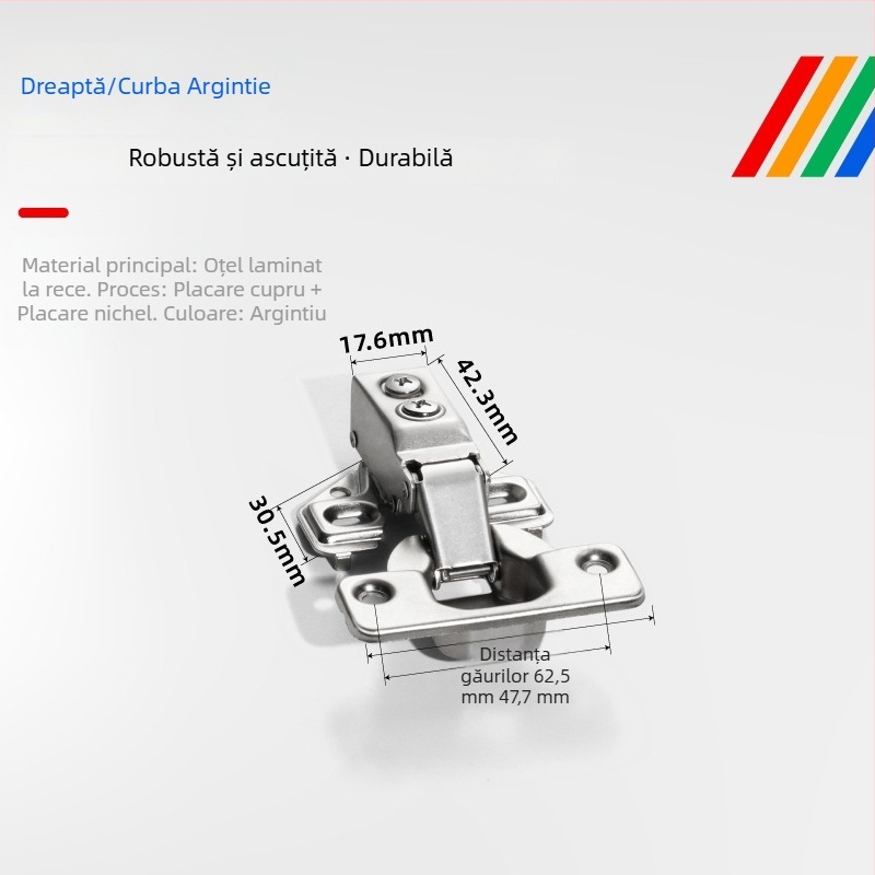Balama cu braț scurt pentru uși de dulap și garderobă, amortizor hidraulic, închidere silențioasă, panou lateral îngust