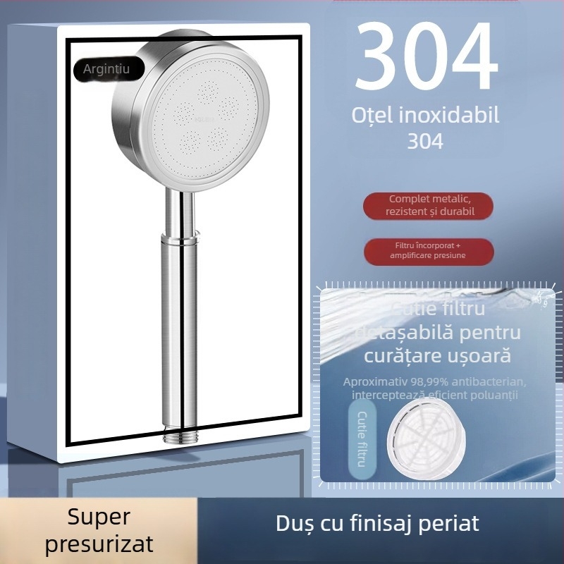 Cap de duș din oțel inoxidabil cu filtru, presurizat, detașabil și lavabil, din metal, finisaj periat