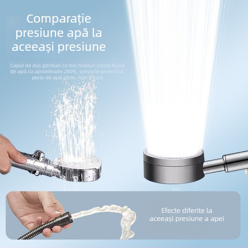 Cap de duș din oțel inoxidabil cu filtru, presurizat, detașabil și lavabil, din metal, finisaj periat
