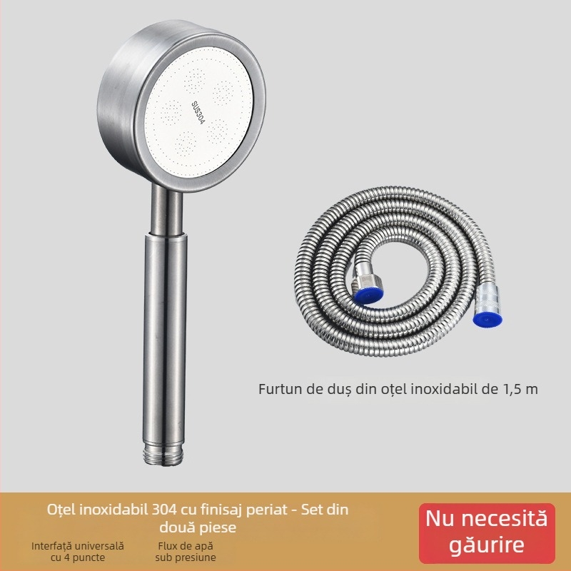 Cap de duș din oțel inoxidabil cu filtru, presurizat, detașabil și lavabil, din metal, finisaj periat