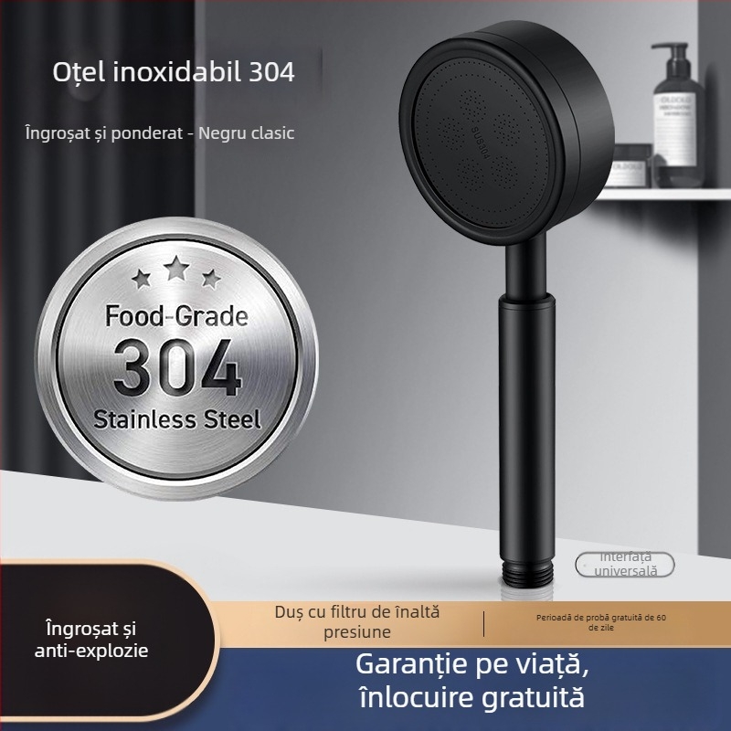 Cap de duș din oțel inoxidabil cu filtru, presurizat, detașabil și lavabil, din metal, finisaj periat