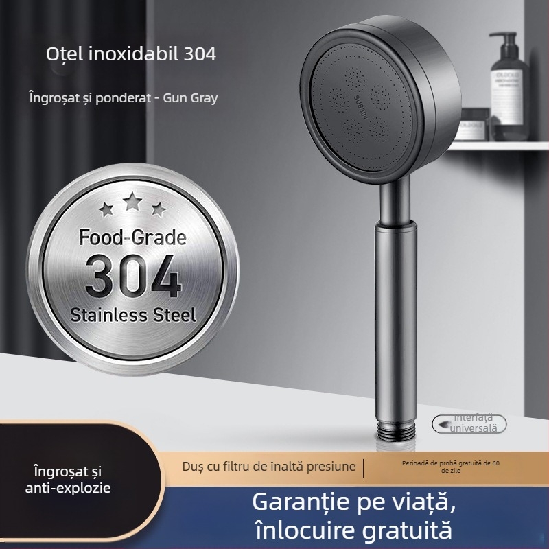 Cap de duș din oțel inoxidabil cu filtru, presurizat, detașabil și lavabil, din metal, finisaj periat