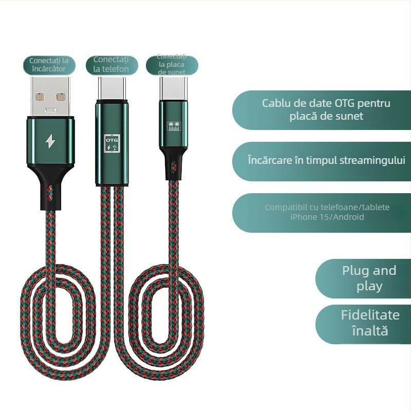 Adaptor OTG pentru card de sunet cu alimentare în timpul transmisiilor live, pentru telefoane Apple și Android