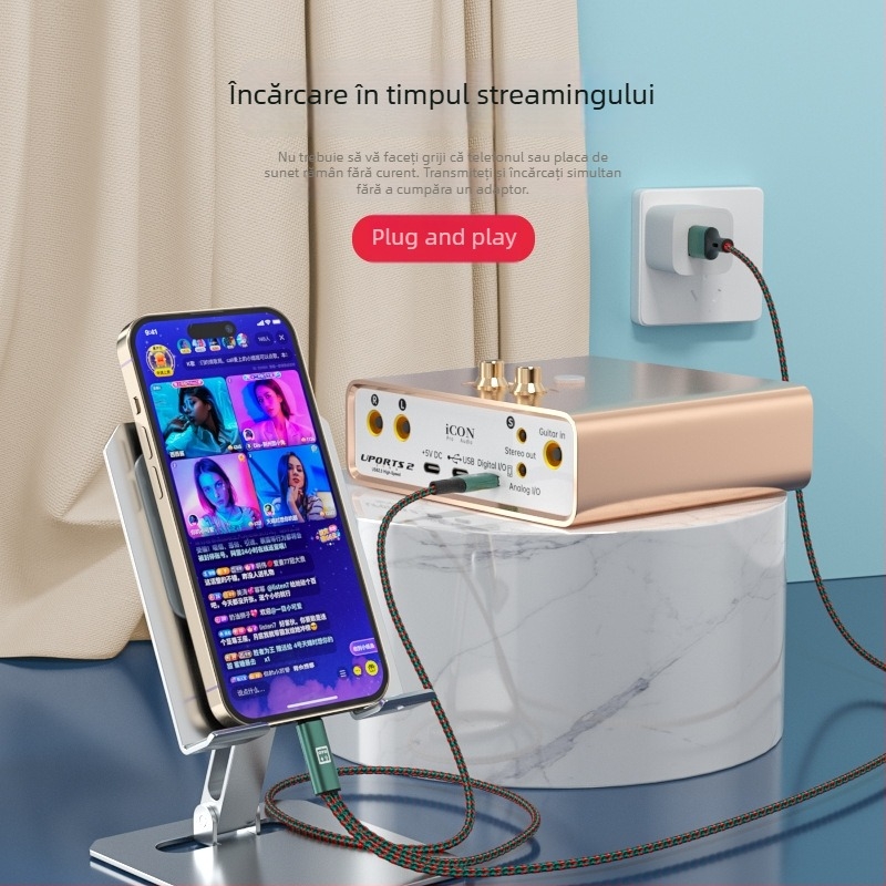 Adaptor OTG pentru card de sunet cu alimentare în timpul transmisiilor live, pentru telefoane Apple și Android