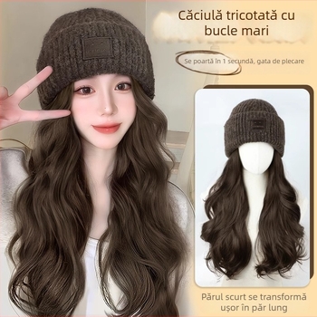 Șapcă-perucă pentru femei cu păr lung buclat, pălărie tricotată, textură valuri de apă, modă toamnă-iarnă