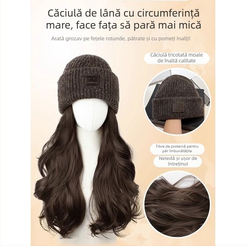 Șapcă-perucă pentru femei cu păr lung buclat, pălărie tricotată, textură valuri de apă, modă toamnă-iarnă