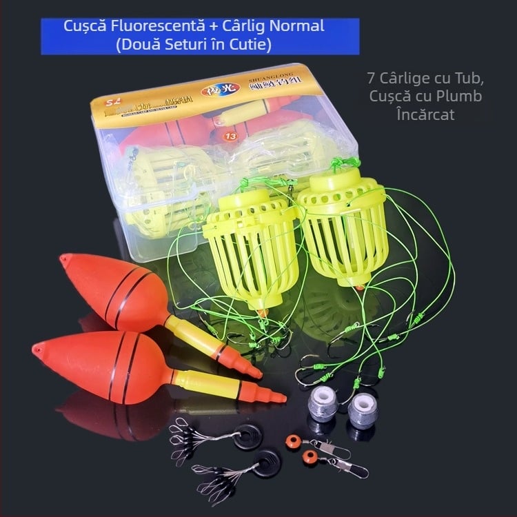Set fluorescent pentru crap de apă dulce, cu cârlig exploziv, cârlig fluorescent Eagle Claw Iseni și cușcă pentru momeli