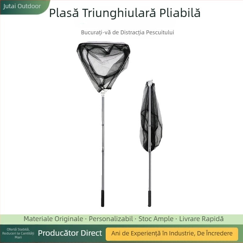 Undiță de pescuit triunghiulară, pliabilă, telescopică, din oțel inoxidabil, cu plasă integrată – set