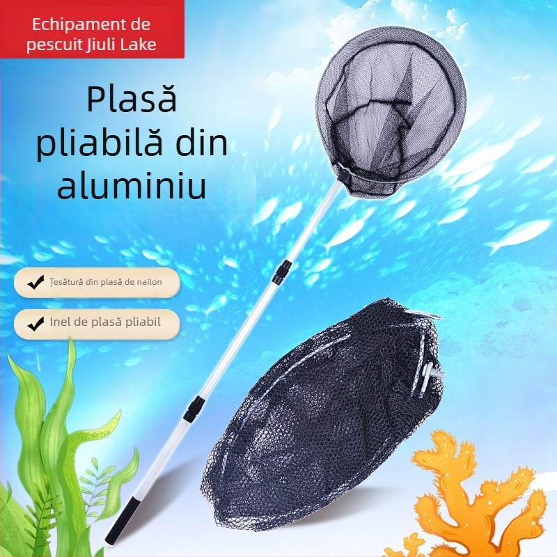 Plasă de pescuit telescopic din aliaj de aluminiu, cu cap rabatabil, pentru pescuit cu năluci