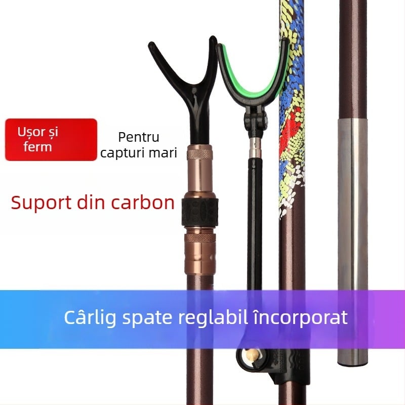 Suport din fibră de carbon ultraușor, ultrarezistent pentru undi de pescuit, cu braț telescopic de poziționare și accesoriu pentru montare în spate a undiului cu plasă