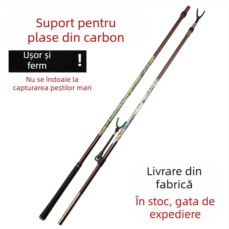 Suport din fibră de carbon ultraușor, ultrarezistent pentru undi de pescuit, cu braț telescopic de poziționare și accesoriu pentru montare în spate a undiului cu plasă
