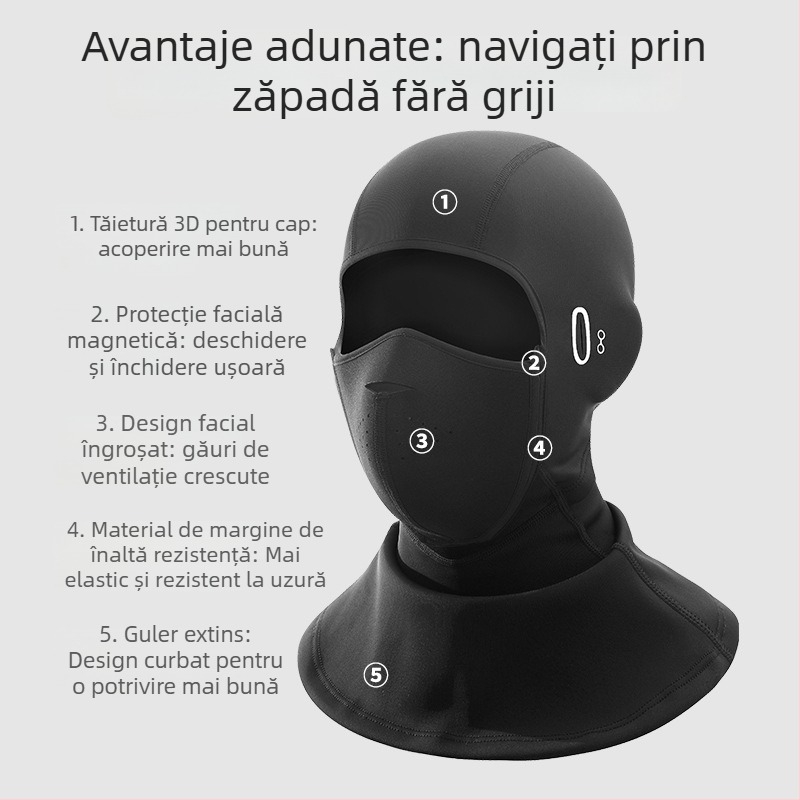 Mască de schi unisex pentru toamnă-iarnă, pentru ciclism outdoor, căptușită cu fleece, cu o construcție groasă, protecție facială împotriva vântului și frigului, închidere magnetică