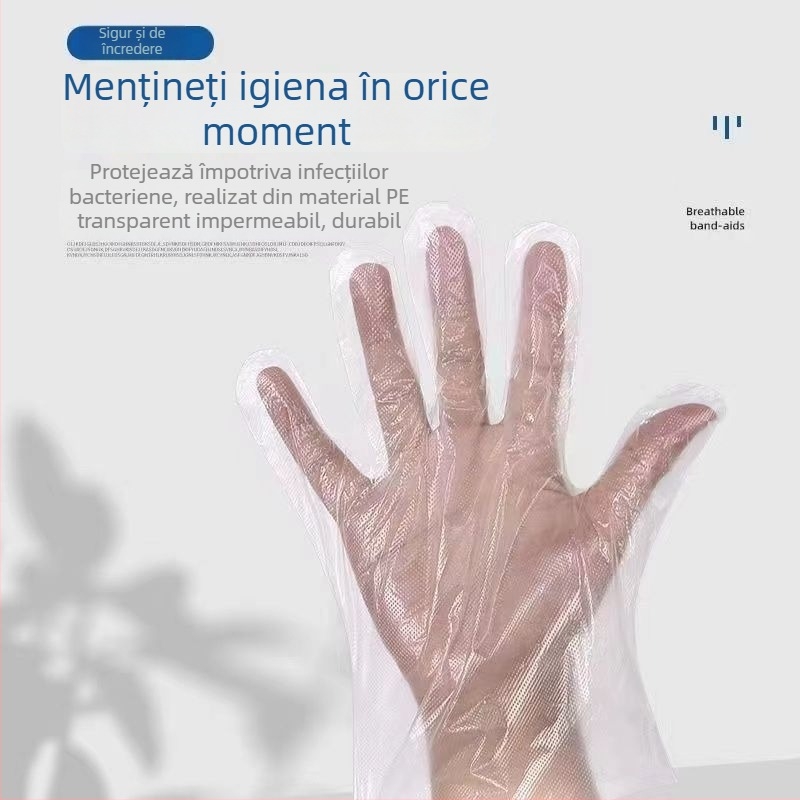 Mănuși de unică folosință, de calitate alimentară, grosime extra, impermeabile, transparente, ambalate în cutie, polietilenă, mărime universală
