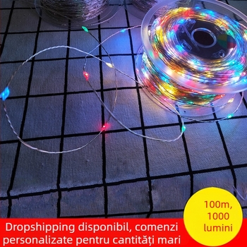 Lampă LED cu sârmă de cupru, 100 m, 1000 LED-uri, exterior impermeabil, 31V tensiune redusă, șir de iluminare