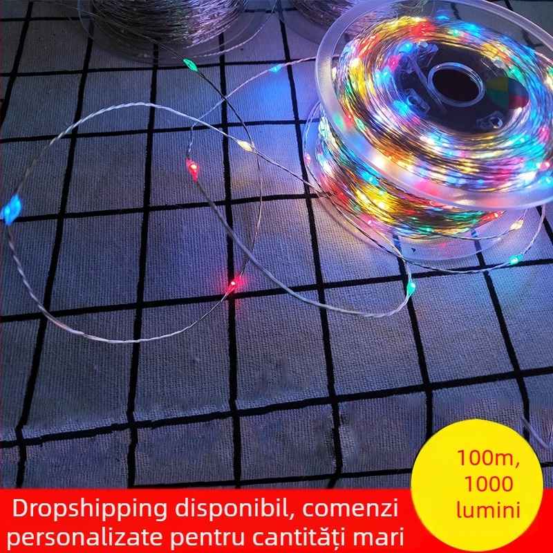 Lampă LED cu sârmă de cupru, 100 m, 1000 LED-uri, exterior impermeabil, 31V tensiune redusă, șir de iluminare