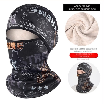 Mască de ciclism căptușită cu fleece, rezistentă la vânt și frig, fular cu protecție pentru urechi, design imprimat, pălărie în stil Lei Feng