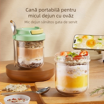 Recipient din sticlă pentru ovăz de noapte, cu capac și linguriță, recipient portabil pentru mic dejun cu iaurt, sigilat pentru salată, lapte și shake