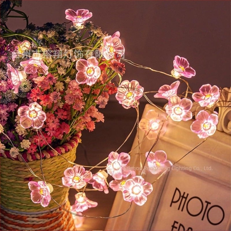 Lumini LED cu fir de cupru, în formă de flori de cireș și piersic, pentru decor exterior