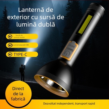 Lanternă din aliaj de aluminiu cu baterie încorporată, reîncărcabilă, portabilă pentru uz casnic și în aer liber, lumină COB pe lateral