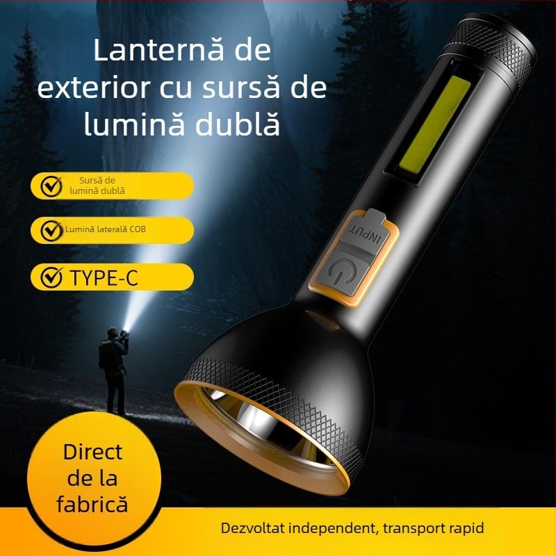 Lanternă din aliaj de aluminiu cu baterie încorporată, reîncărcabilă, portabilă pentru uz casnic și în aer liber, lumină COB pe lateral