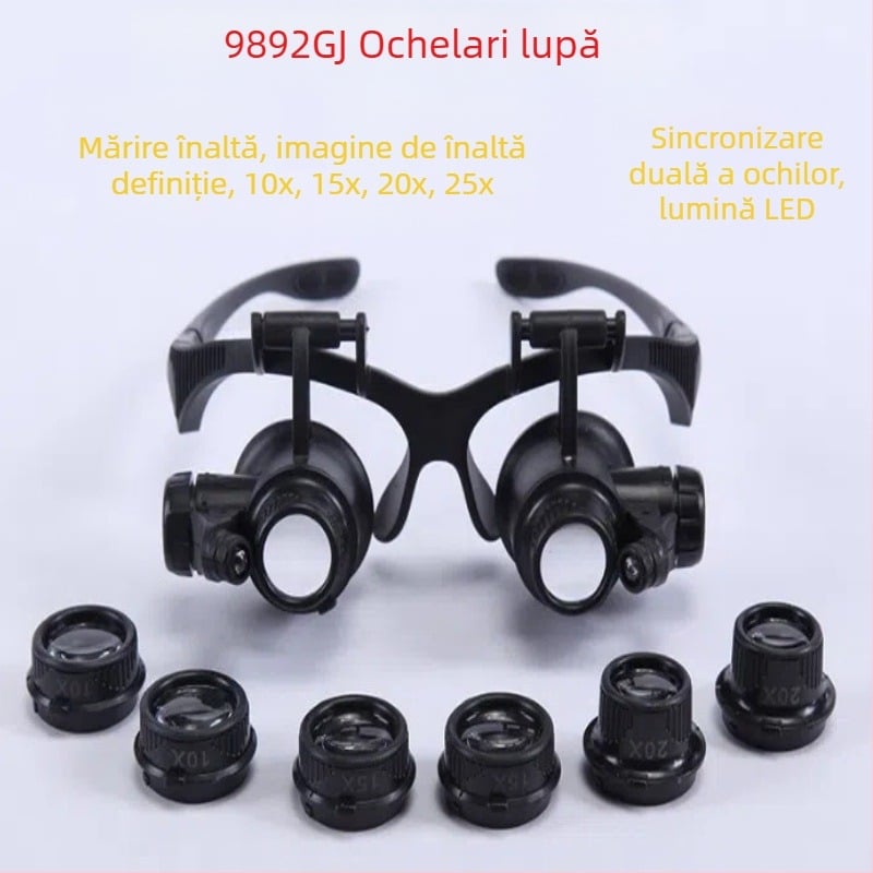 Ochelari lupă de cap HD, cu mărire 10x–25x și LED, pentru evaluarea antichităților, bijuteriilor și ceasurilor
