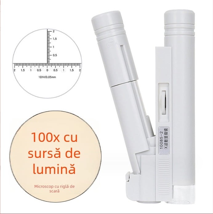 Mikroscop cu două țevi 100×, riglă de scară și iluminare LED, destinat educației științifice în laborator și observării plantelor și animalelor