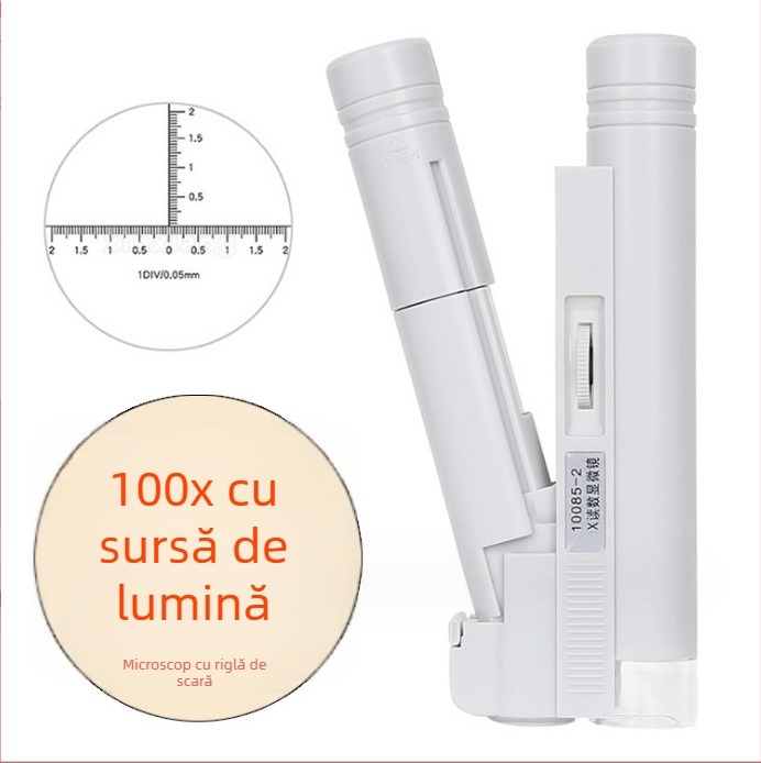 Mikroscop cu două țevi 100×, riglă de scară și iluminare LED, destinat educației științifice în laborator și observării plantelor și animalelor