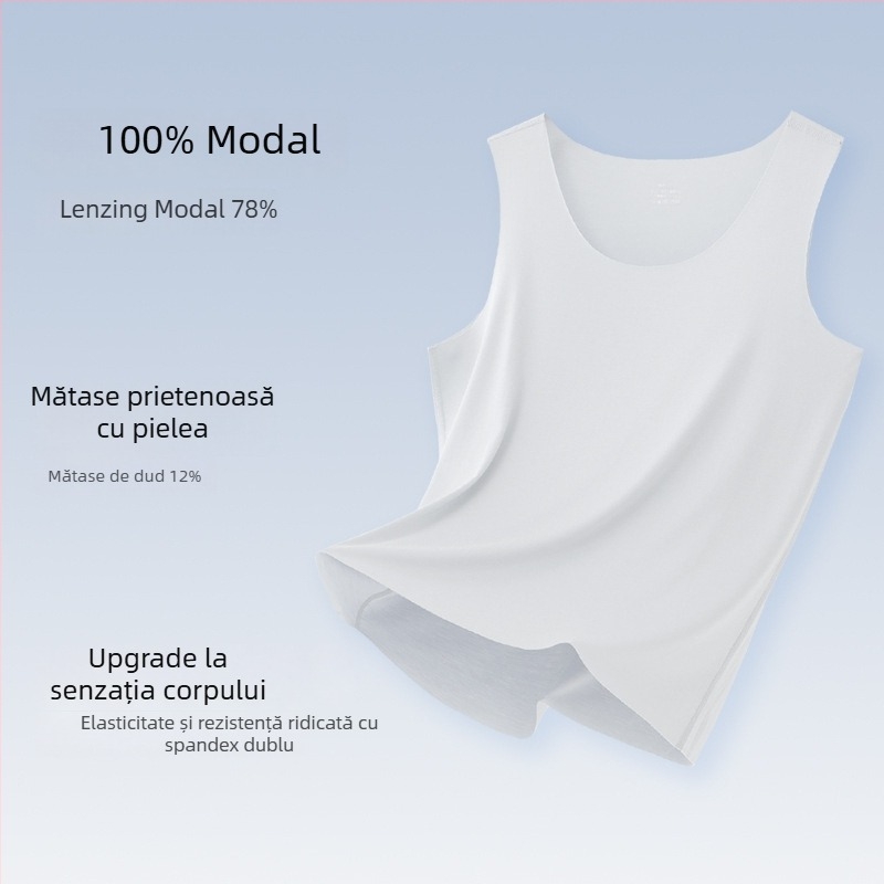 Tricou fără mâneci pentru bărbați, amestec Mulberry mătase și modal, strat de bază ușor, guler rotund, stil sport