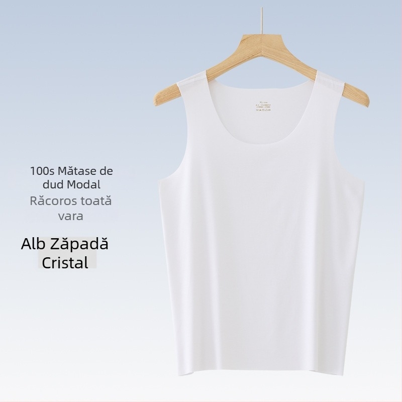 Tricou fără mâneci pentru bărbați, amestec Mulberry mătase și modal, strat de bază ușor, guler rotund, stil sport