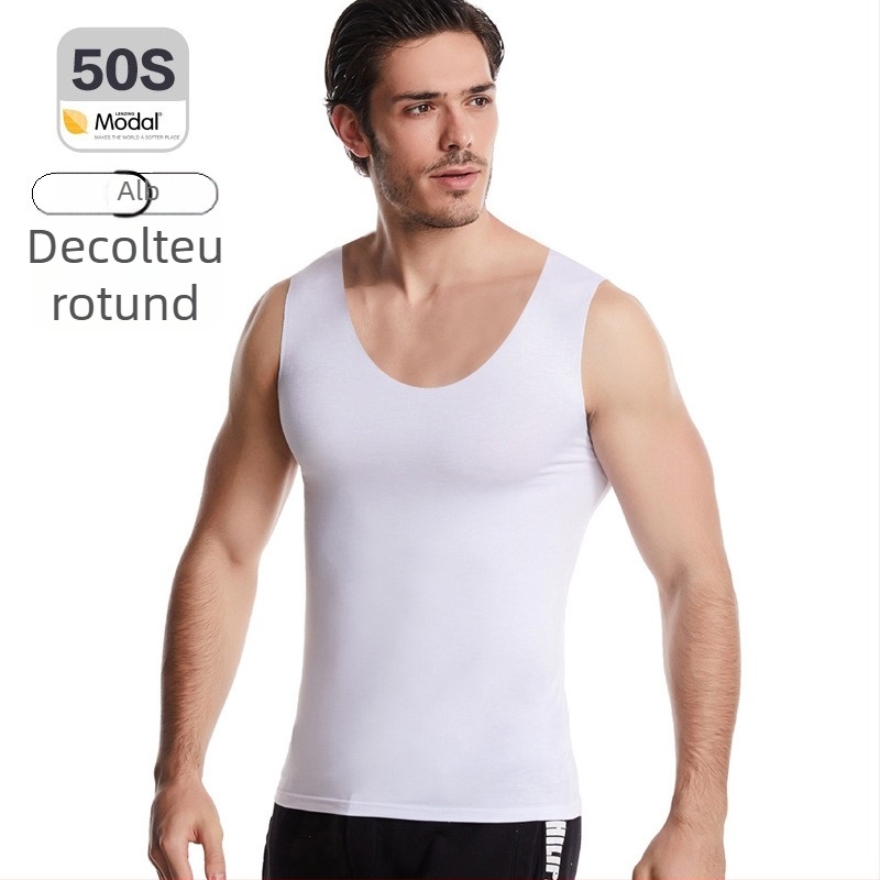 Vesta bărbați din modal, fără cusături, mărime mare, strat de bază pentru fitness, alb sau negru