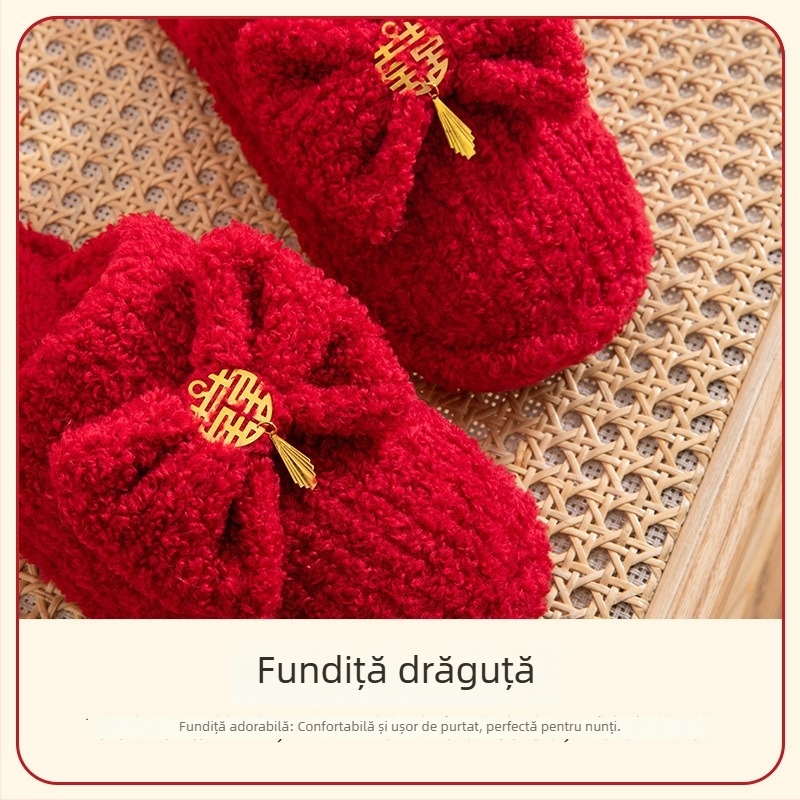 Papuci roșii de nuntă din bumbac pentru cupluri și domnișoare de onoare – papuci de interior elegante