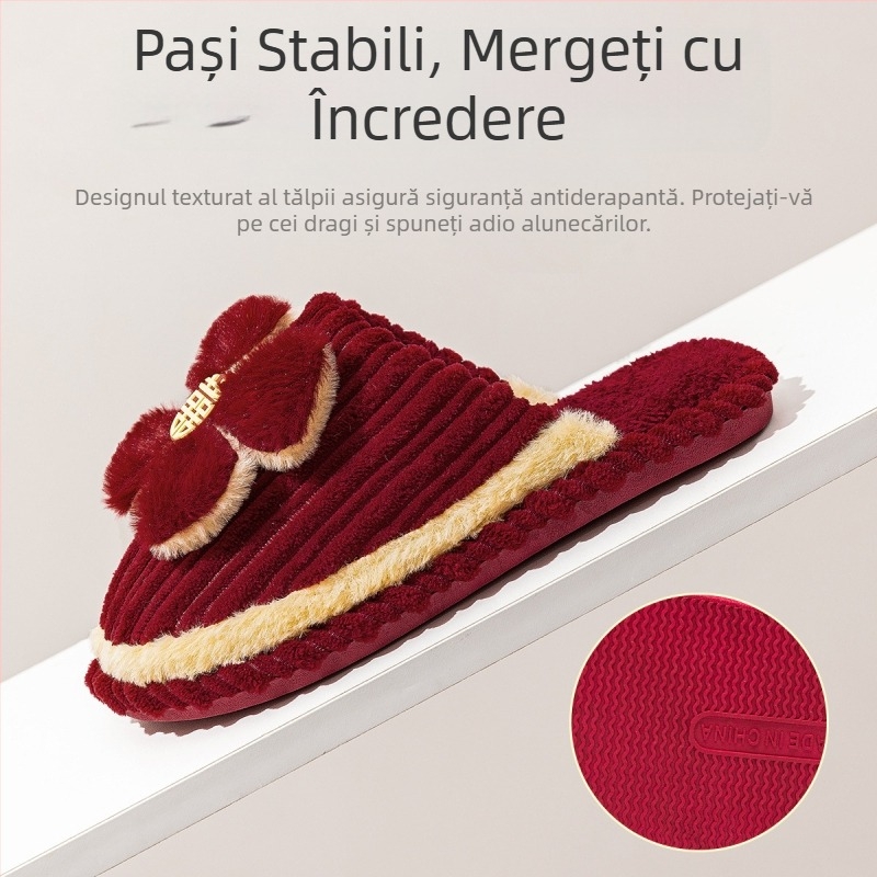 Papuci de nuntă din bumbac pentru cupluri, roșii, antiderapante, calde pentru toamnă și iarnă