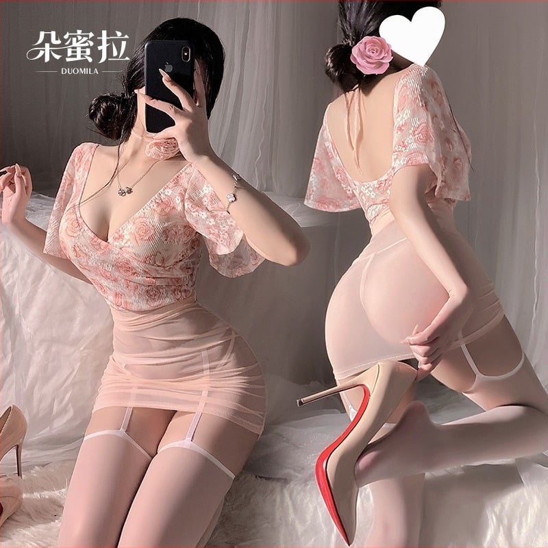 Duomila set sexy de lenjerie din dantelă cu model floral, costum transparent pentru dormit