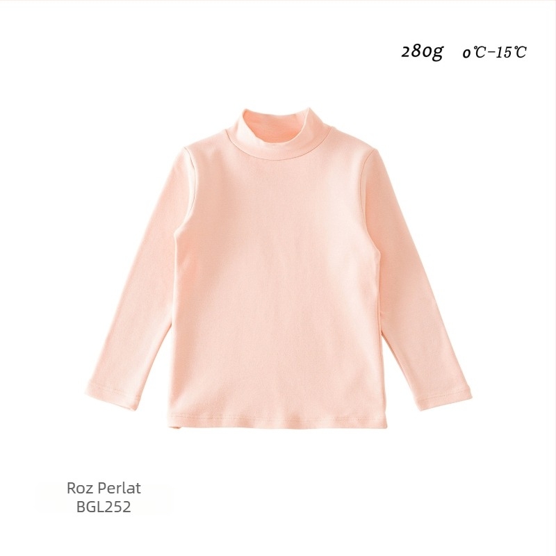 Top de bază din bumbac pentru copii, guler semi-înalt, uni, mâneci lungi, stil coreean, toamnă și iarnă