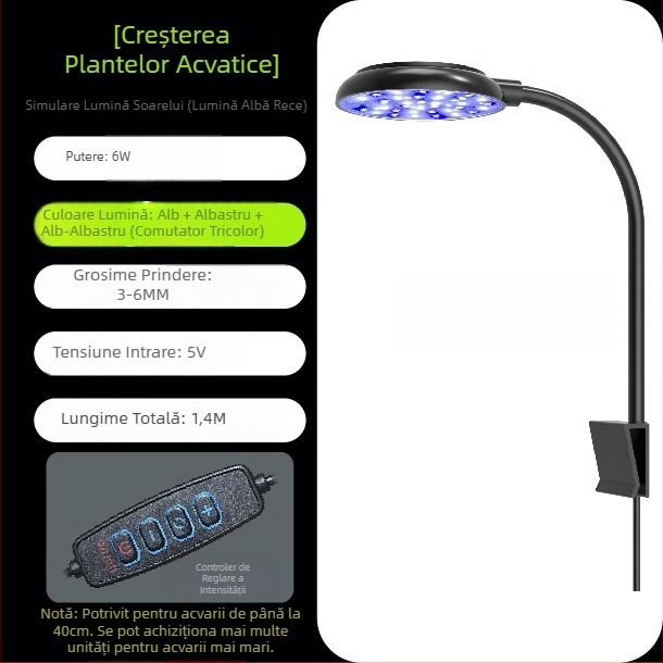 Lampă LED pentru acvariu, iluminare puternică pentru pești și plante acvatice, încărcare USB, impermeabilă, iluminare ambientală pentru prezentare