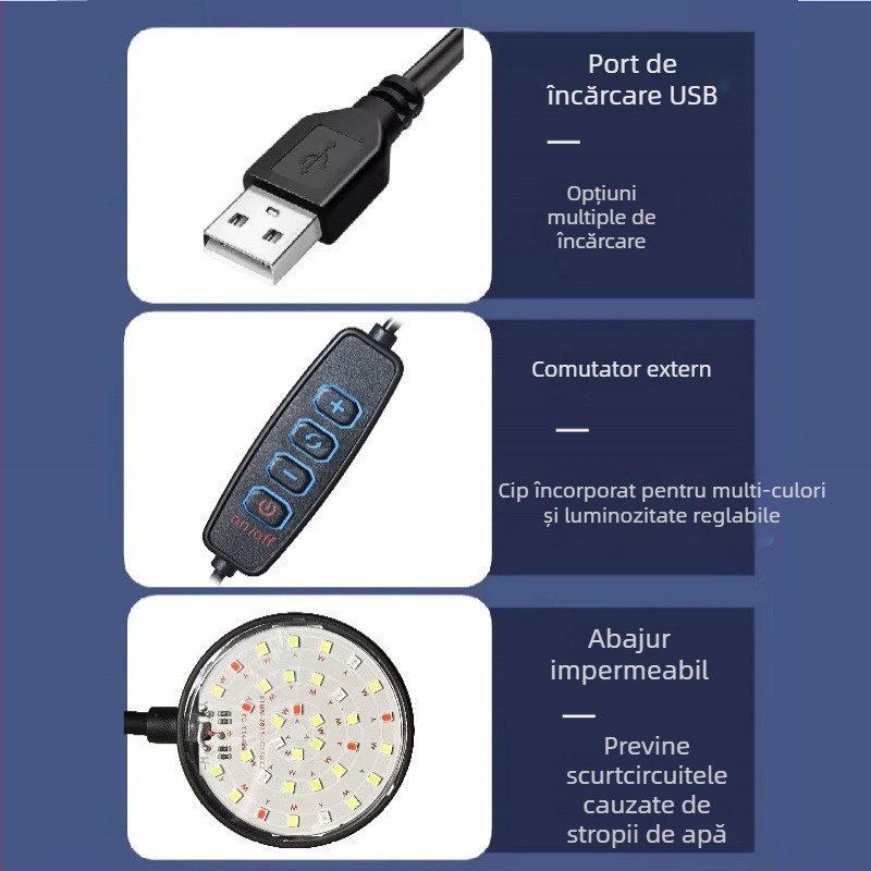 Lampă LED pentru acvariu, iluminare puternică pentru pești și plante acvatice, încărcare USB, impermeabilă, iluminare ambientală pentru prezentare