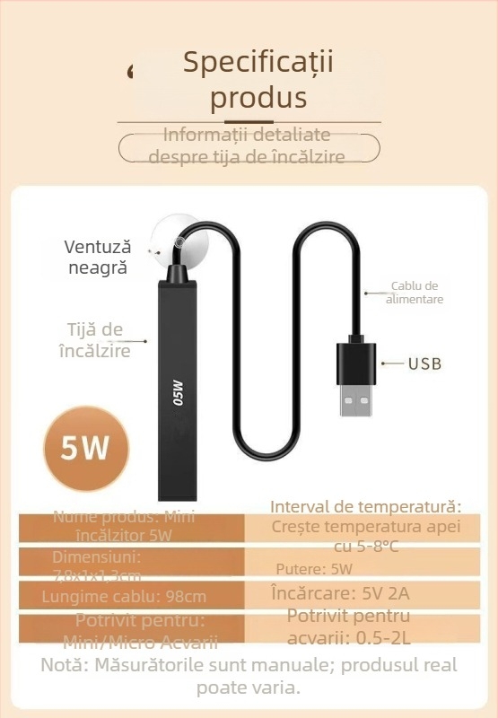 Tijă încălzitoare USB pentru acvariu cu pești Betta – încălzitor mic pentru microacvarii