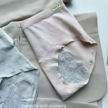 Trei perechi chiloți pentru menstruație din bumbac, cu protecție împotriva scurgerilor și a scurgerilor laterale, respirabili, într-o nuanță deschisă
