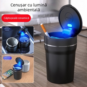 Scrumieră auto din ceramică cu LED, strat interior ignifug și capac